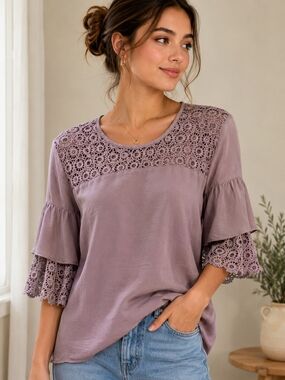 Lace Yoke Tiered Sleeve Top